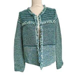 Chico’s Pacific Teal Structured Tweed Fringe Cardigan Jacket NWT Size 1